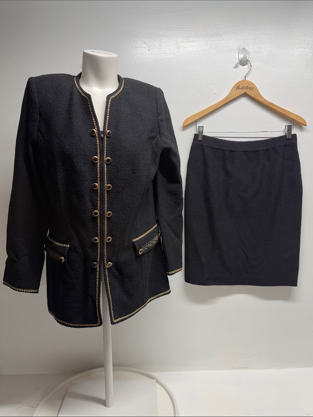 St John Suit 2 Pc Set Skirt Blazer Jacket Santana Knit Midi Pencil Wool Black 8